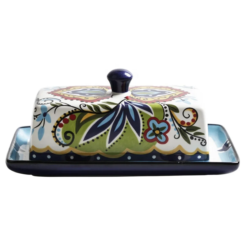 

European style hand painted ceramic butter box cheese box with lid