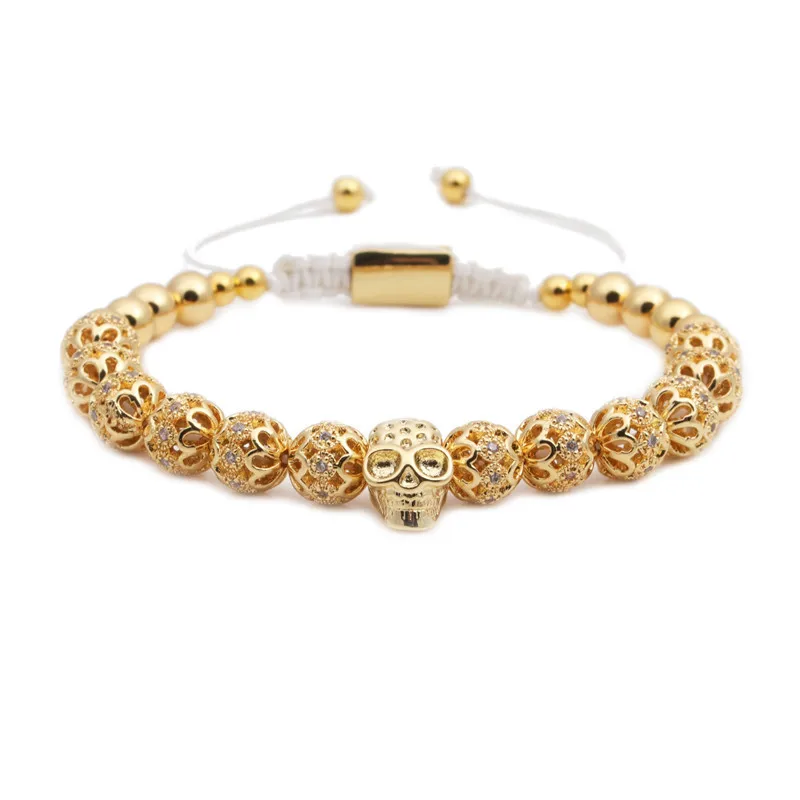 

European Punk Style Men's Handmade Braiding Adjustable 18K Gold Plated Zircon Balls Skull Macrame Bracelet