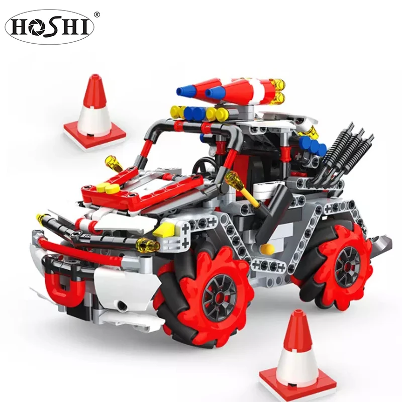 

Funny Toy Self-Designed Programmed Mecanum Wheel Ice Battle Car RC Block Car Budilding Block Kit Tech Mechanical Stem, Red blue