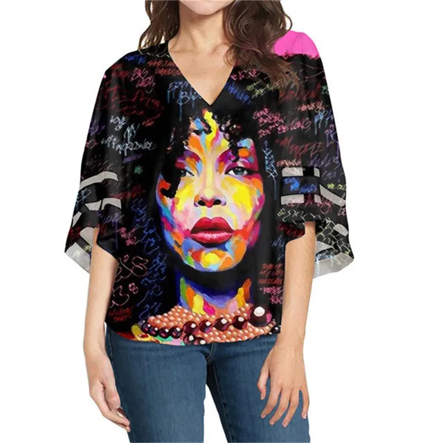 

Dropshipping V neck Soft Comfortable Loose Fit Casual Tunic Top Shirt Black Afro Women Printed Chiffon T-Shirt Blouse, Customized color
