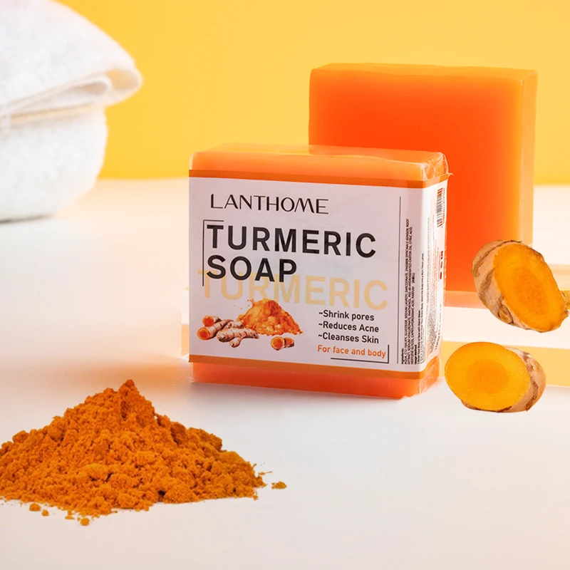 

Lanthome turmeric soap skincare shrink pores reduce acne removal cleanses skin superior vegetable essential oil toilet soap gift