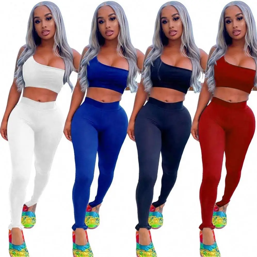 

ZYY898 Solid Inclined Should Sporty Two Piece Set Asymmetric Crop Top women workout outfit