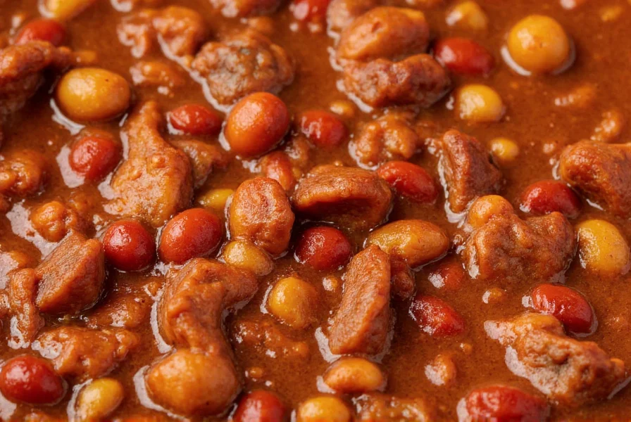 Close-up of over the top chili recipe showing rich texture with multiple meat varieties and visible spices