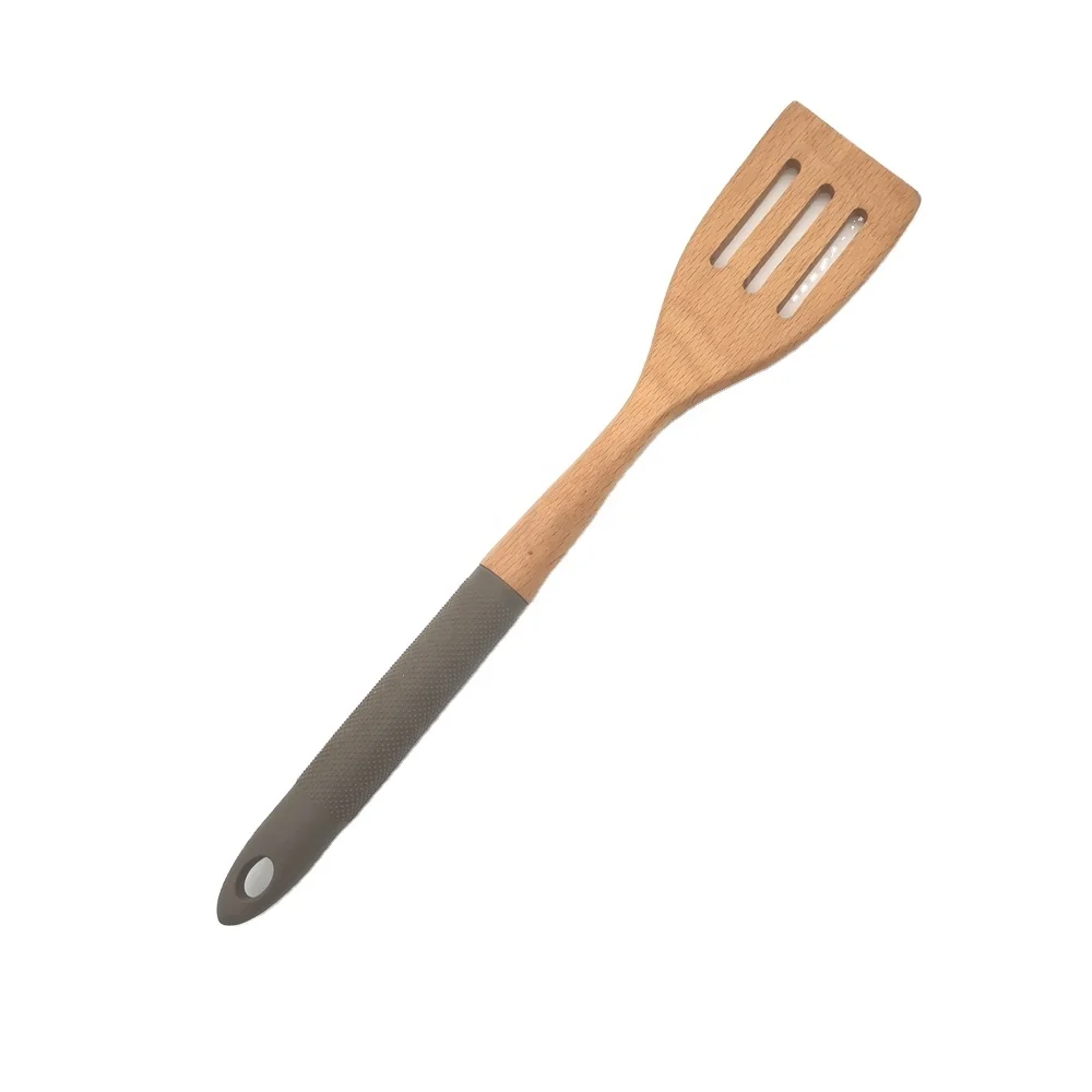 

big durable strong beech wood cooking slotted spatula spoon with Anti-slip granules silicone, Natural