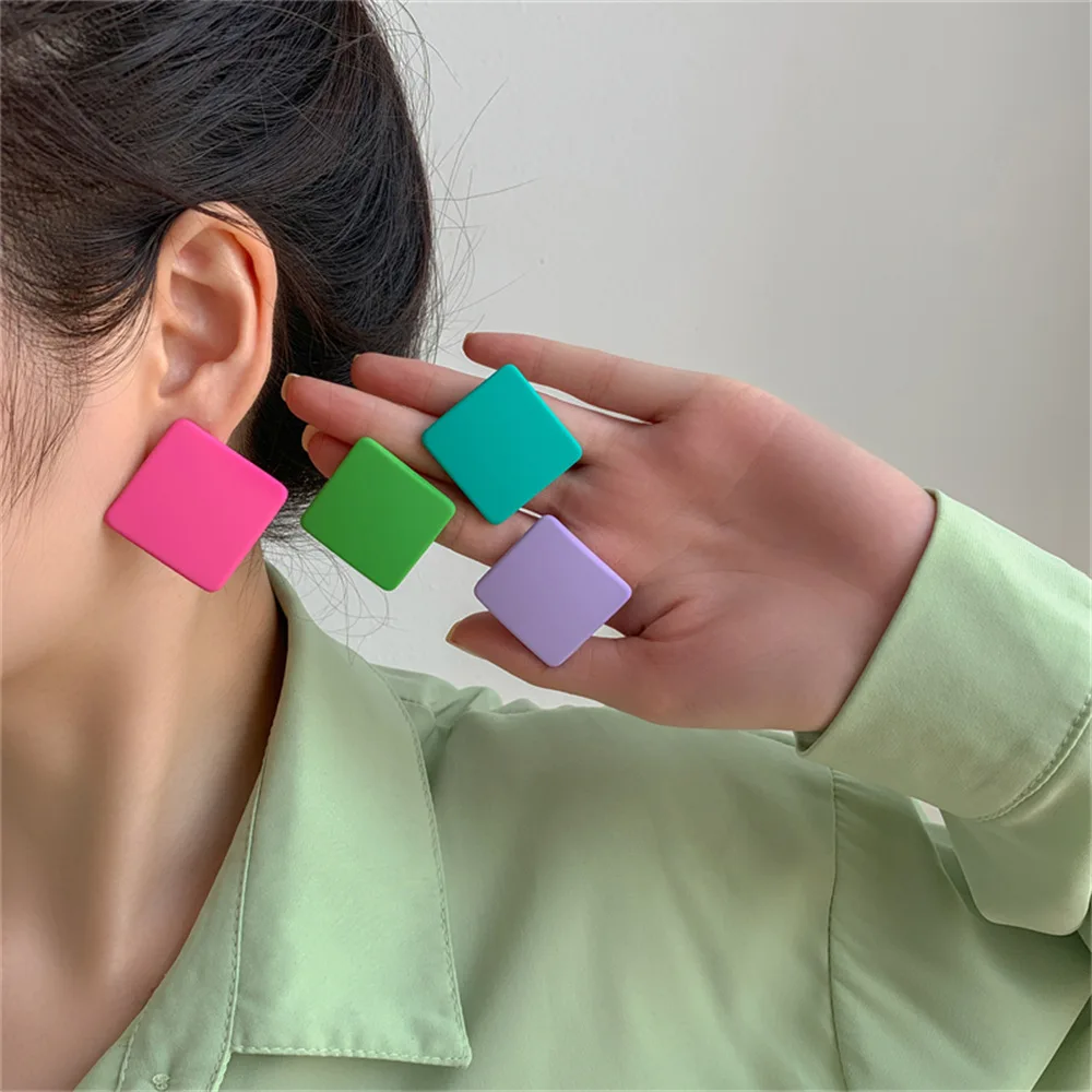 

Korean Cheap Fashion Earrings Pink Green Yellow Square Round Earrings Matte Painting Geometric Candy Colorful Acrylic Earrings