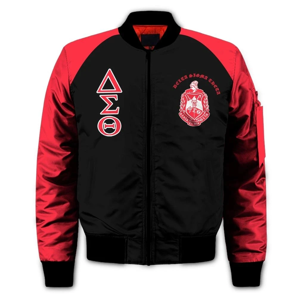 

Custom LOGO Outdoor Red and Black Color Delta Sorority Cotton Bomber jacket 3D digital printing Woman Girl Lady clothing, As picture show