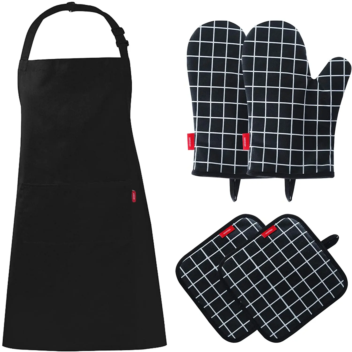 

Custom logo Women/Men Heat Resistant 100% Cotton Oven Mitts Potholder and Apron Set for Cooking and Grilling, Red, black. blue, purple, etc