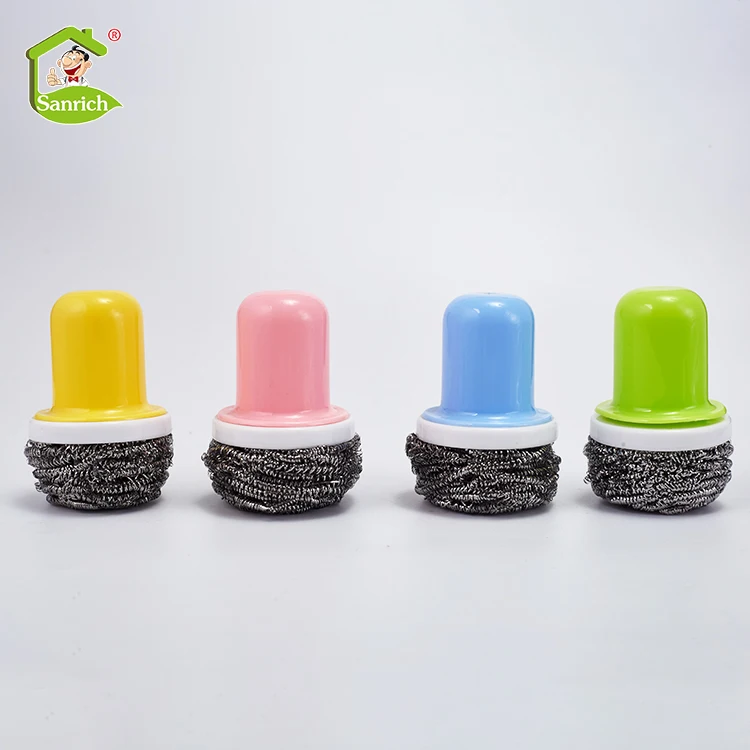 

Promotional Stainless Steel Scourer with Handle Reusable Dish Scrubbers for Washing Pot Dish, Natural color