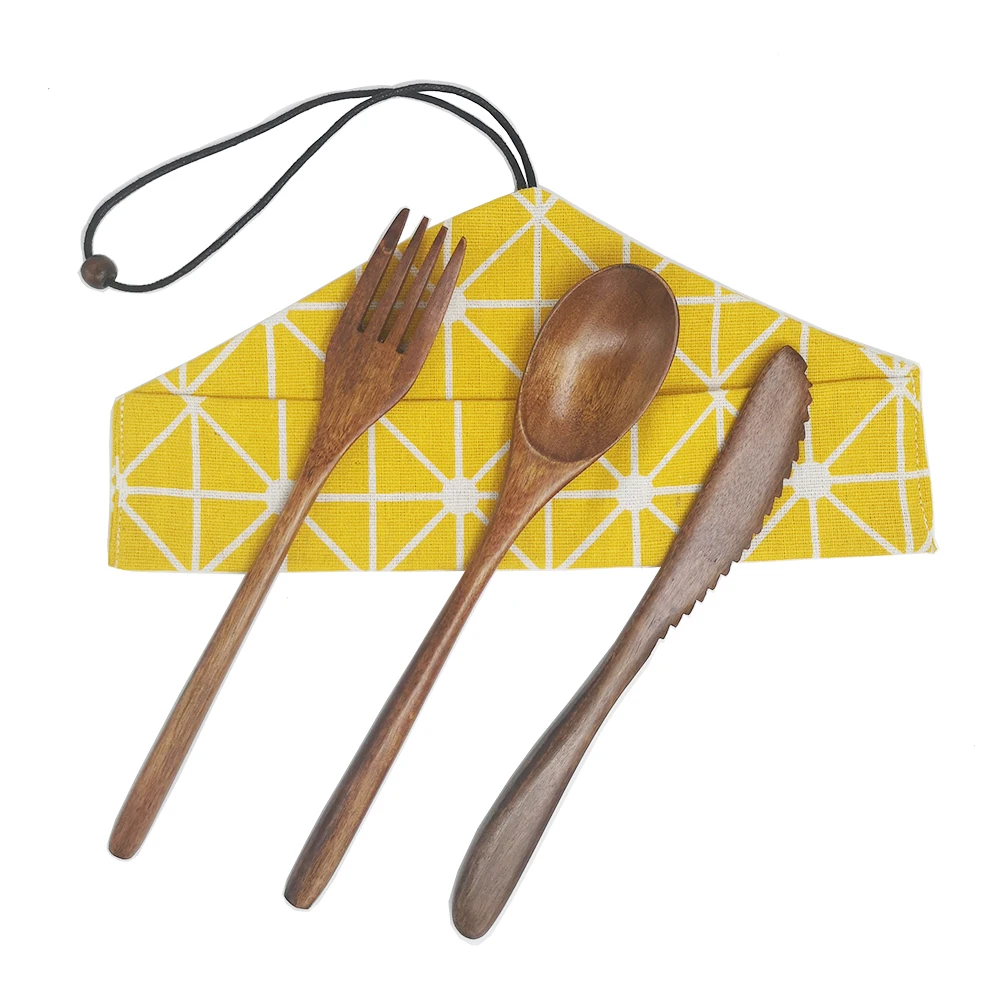 

Custom wooden cutlery set nanmu spoon knife fork travel set with bag