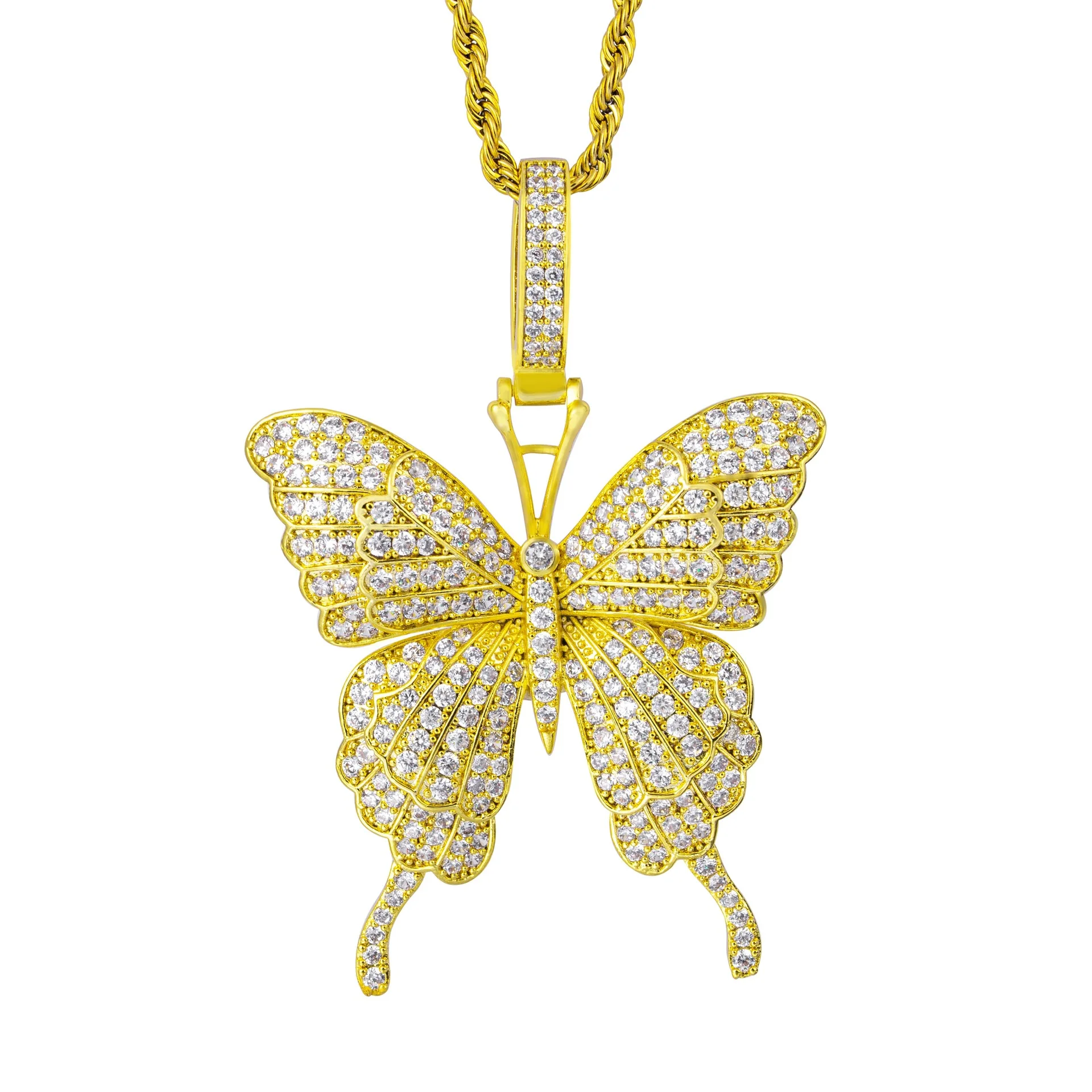 

Drop Shipping No Moq Hip Hop Crystal Butterfly Necklace Pendant Gold Plated Pave Iced Out CZ Diamond Butterfly Pendant