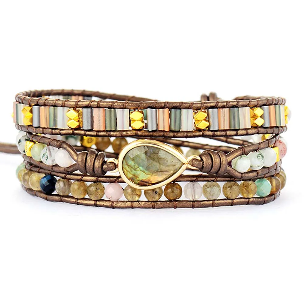 

Boho Labradorite drop-shaped Multilayer Stone Bracelet Natural Gemstone Handmade Leather Wrap Bracelet