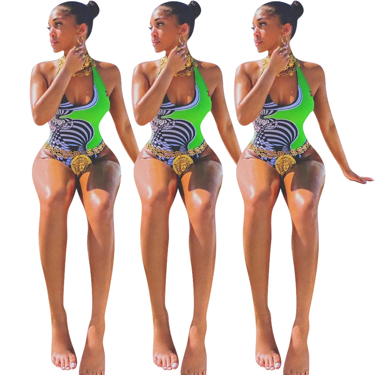 

2021 sexy body-hugging neck-printing one-piece high-quality Swimsuit Bikini