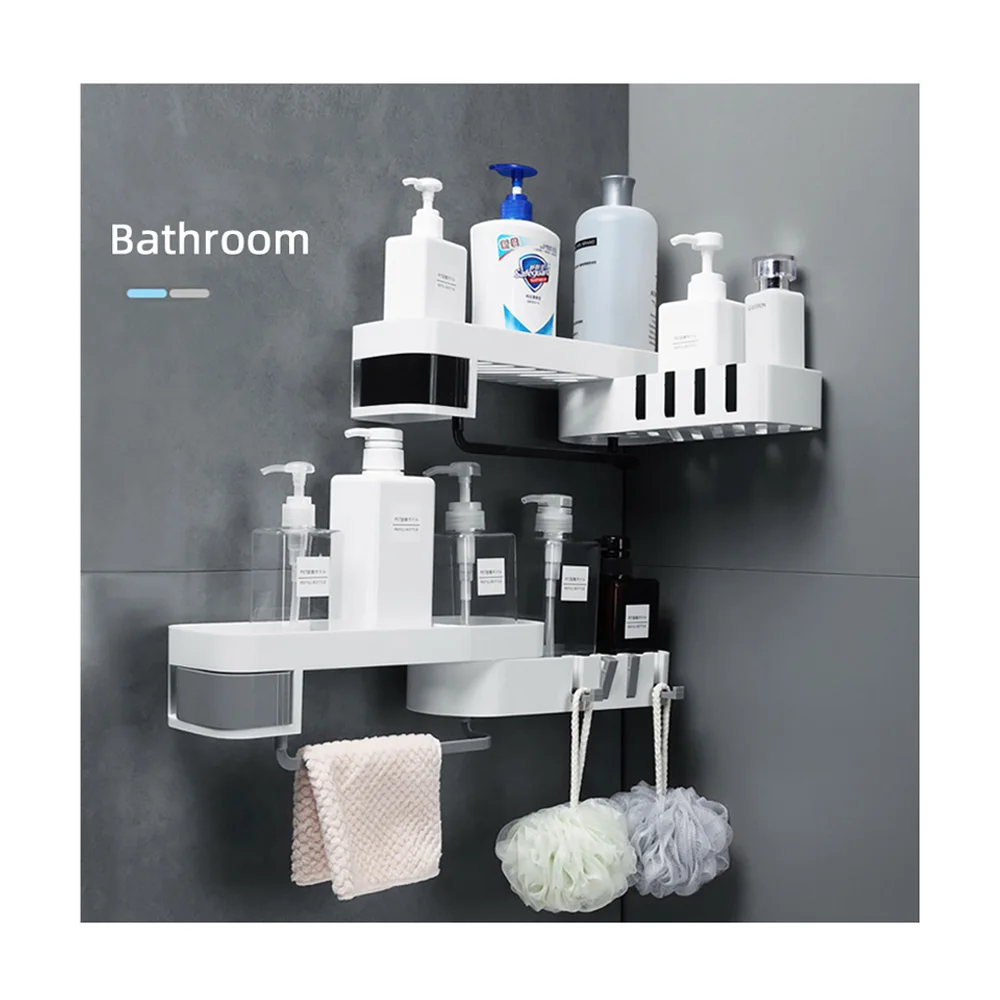 

JX- Creative rotating bathroom Storage Rack Multifunction Home Corner Shower Shelf With 4 Hooks Kitchen Accessories, As picture