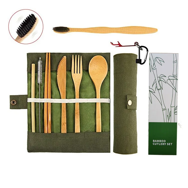 

Bamboo Cutlery Spoon Fork Knife Straw Toothbrush Bottle Opener Portable Bamboo Utensils Set Pouch