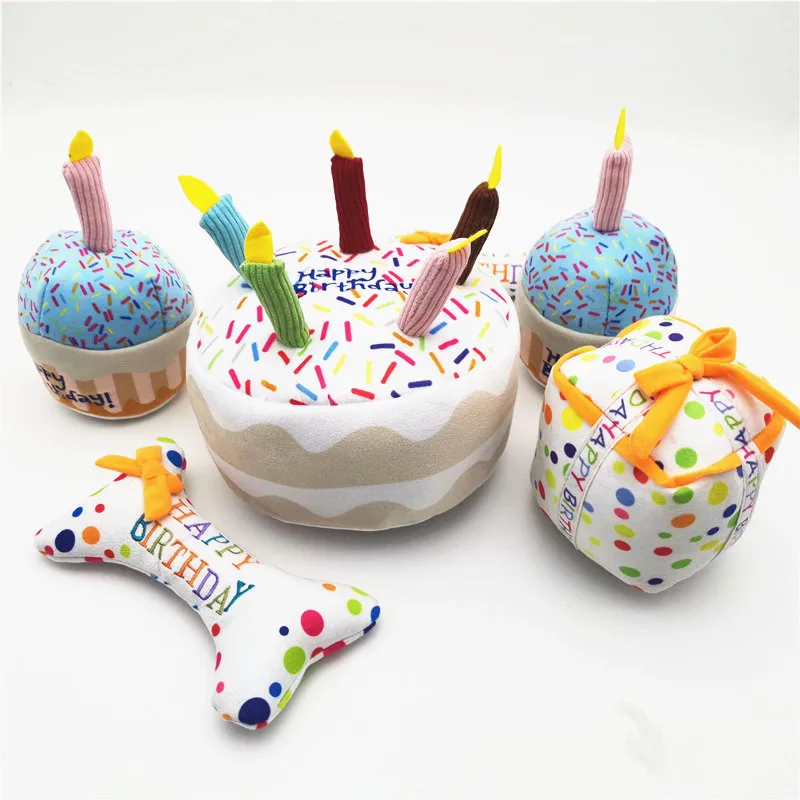 

Special design Plush Stuffed Pet Dog Birthday Cake Candles Bones toy Squeaky Bite resistant Tooth cleaning toy animal care