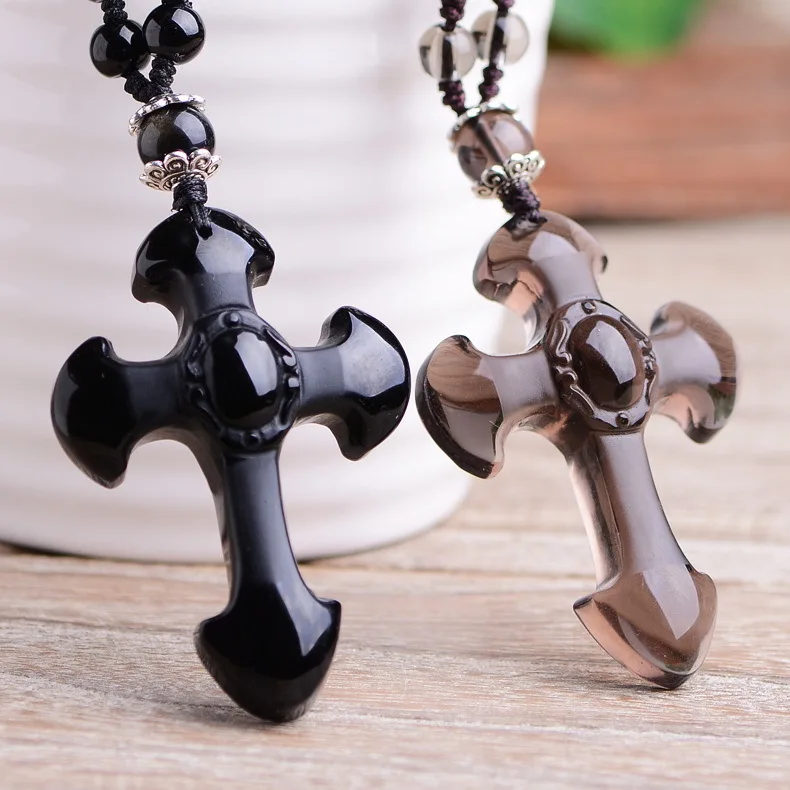 

Natural obsidian Cross Pendant Crystal Necklace neckline Pendant for men and women