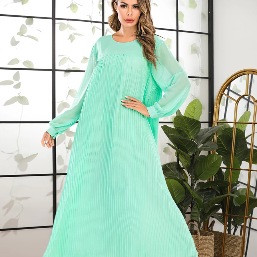

Long sleeve chiffon patchwork dress cheap casual muslim women long dress, Green