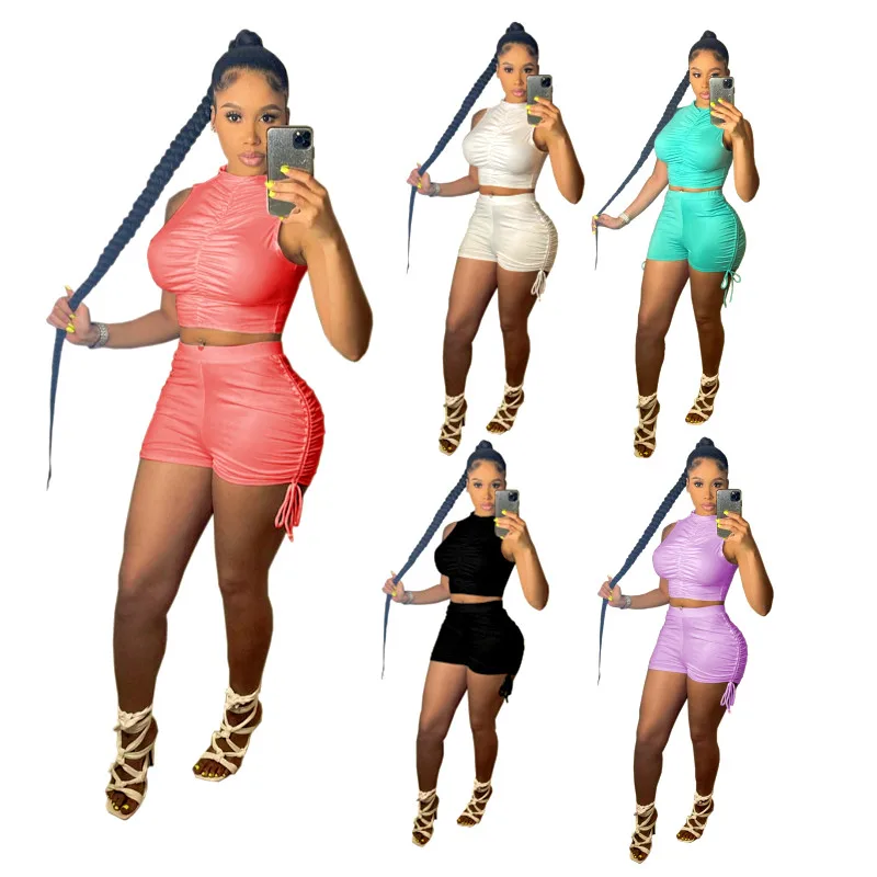 

Wholesale high quality summer boutique sleeveless shorts women clothing two piece short set, 5 colors and also can make as your request