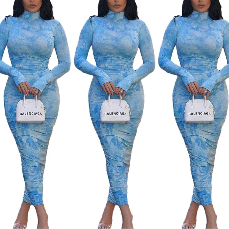 

2020 Summer Women Long Maxi Dress Tie-dye Print Party Night Club Elegant Street Wear Bandage Dresses