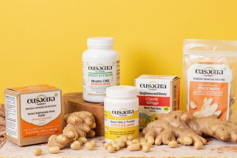 Various ginger products for motion sickness including capsules, fresh root, and candies arranged on travel background
