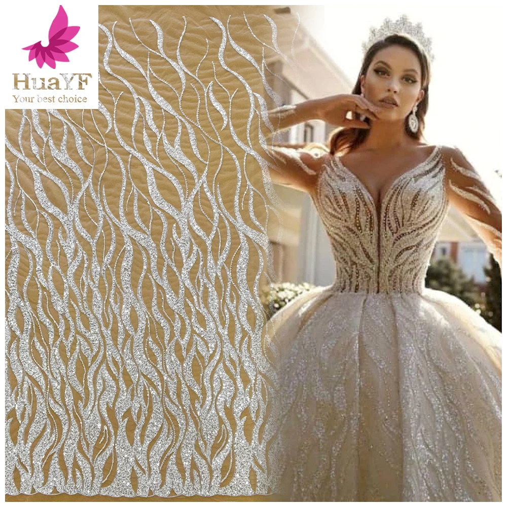 

2021 High-quality sparkle sequins beaded white lace fabric embroidery wholesale african lace fabrics 5 yards HY1613