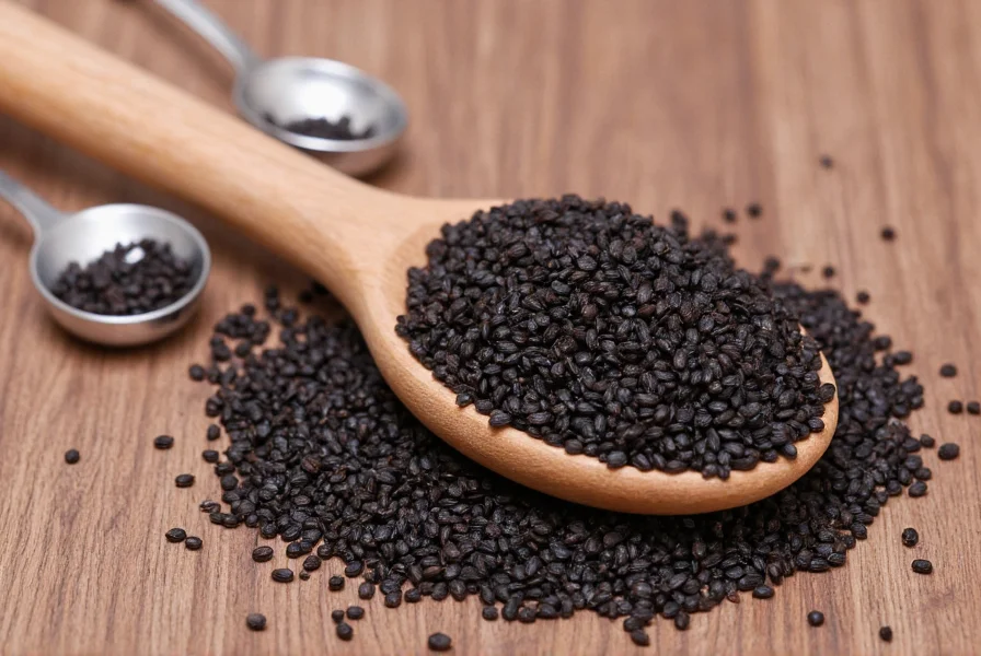 Close-up photograph of black cumin seeds (Nigella sativa) on wooden spoon with measuring spoons showing proper dosage