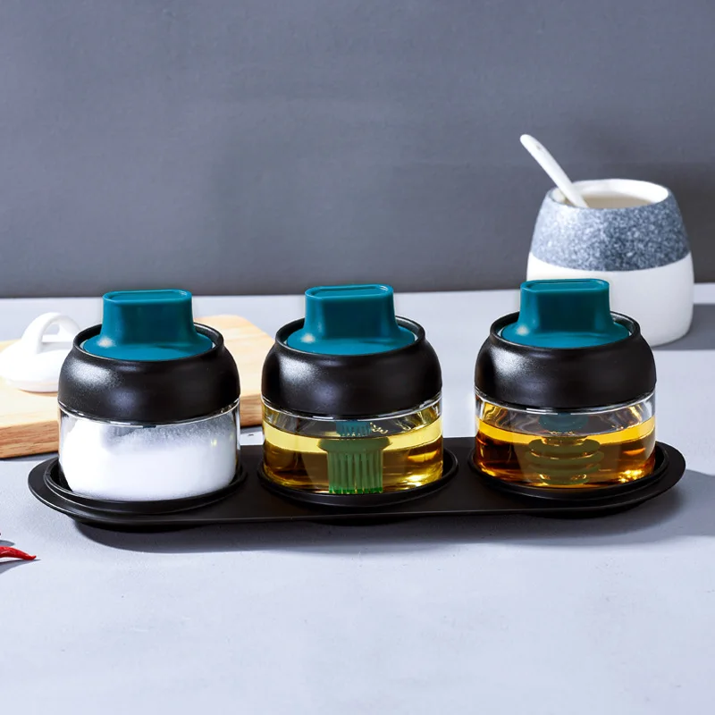 

280ML Kitchen Moisture-proof Spoon Cover Integrated Sealed Glass Seasoning Jar Honey Oil Brush Pot Bottle Seasoning Box, Blue/black