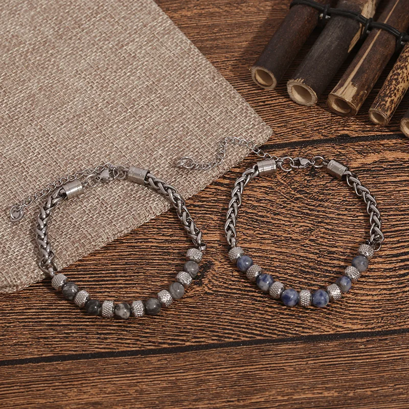 

Factory wholesale jewelry custom make stainless steel bead couple bracelet adjustable map stone blue spot gemstone bracelet