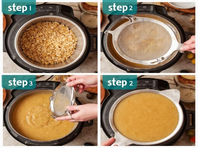 Step-by-step guide showing broth straining through fine mesh sieve