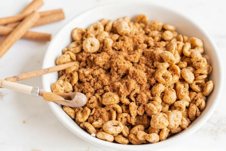Close-up of homemade cinnamon toast crunch seasoning in a glass jar with measuring spoons showing ingredients