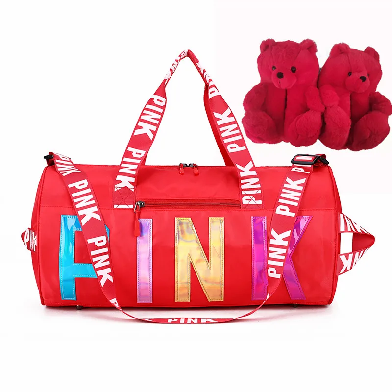 

Brand Designer Pink Duffel Bag With Teddy Bear Slippers Matching Set 2021 Hot Sales Winter Plush Shoes with Bag Set For Women, 14pcs for options