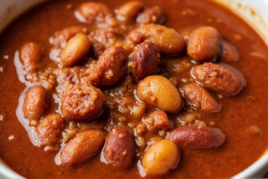 Close-up of perfectly textured chili in bowl showing tender meat and beans with rich sauce