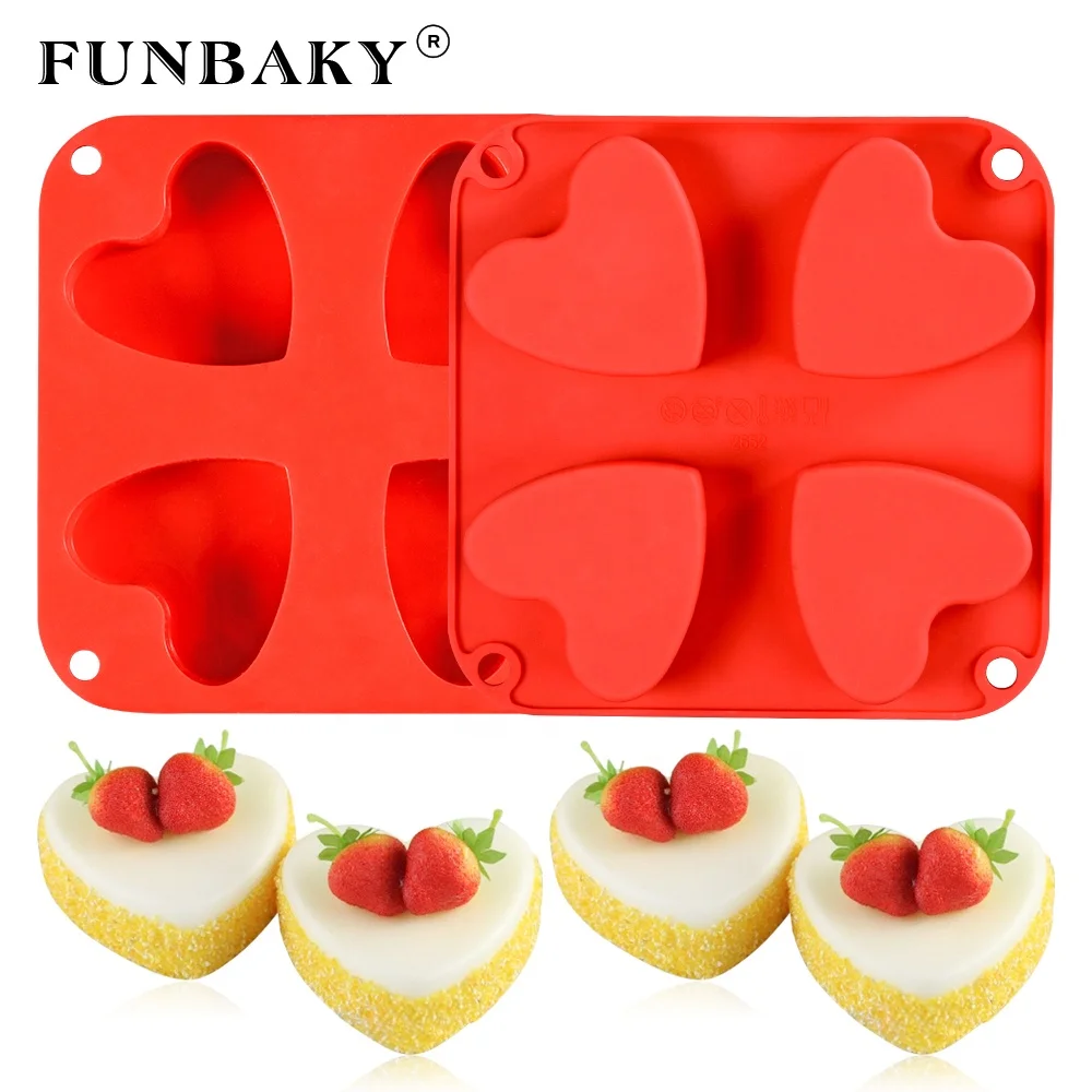 

FUNBAKY Valentine ' s Day heat resistant 4 cavity heart shape body soap silicone molds mousse cake scented candle mold, Customized color