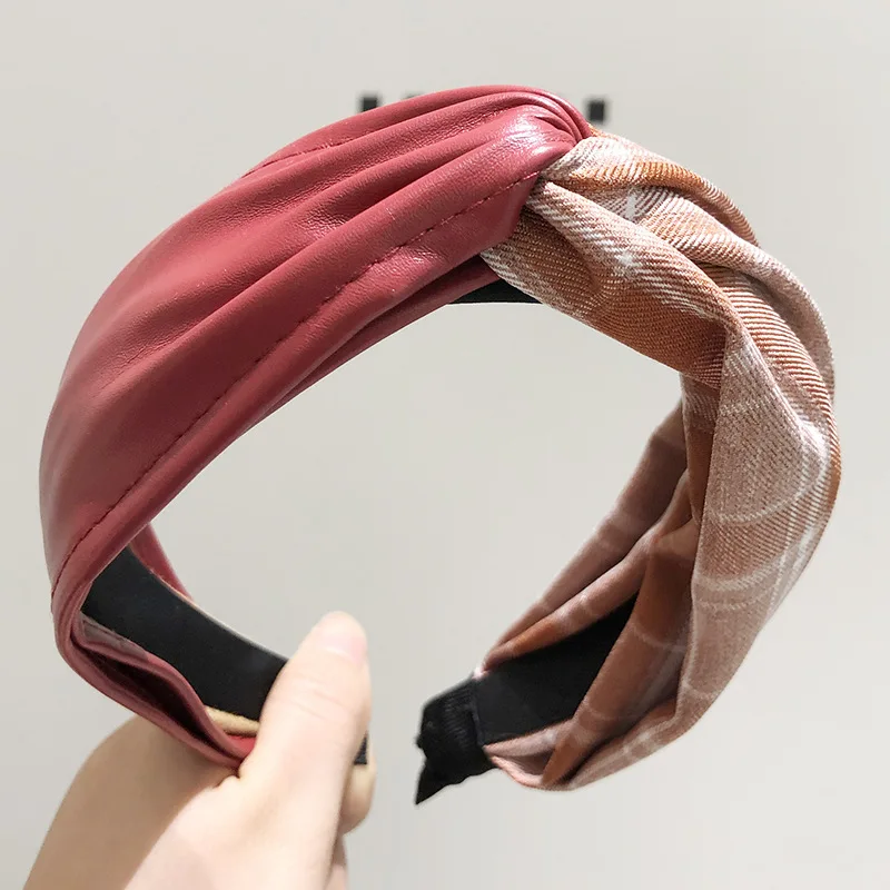 

JUHU 2020 New South Korea's new PU leather headband simple wide edge crossed knotted plaid pattern matching color grotleneck hea, Colorful