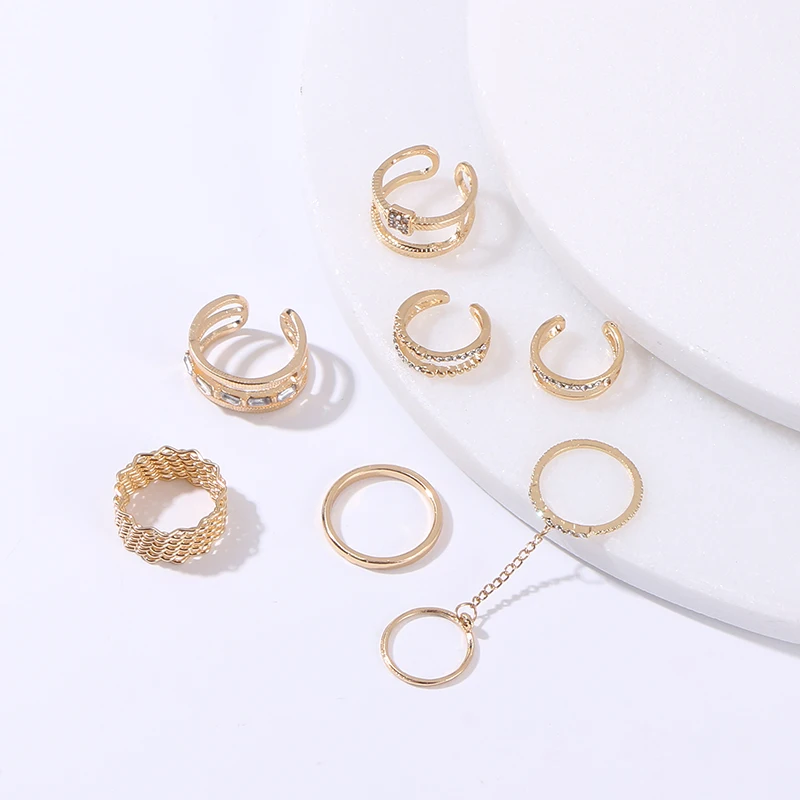 

2019 New Design European and American Style Delicate Jewelry Rhinestone Decor Layered Cuff Ring 6pcs /sets Gold Plating Ring Set