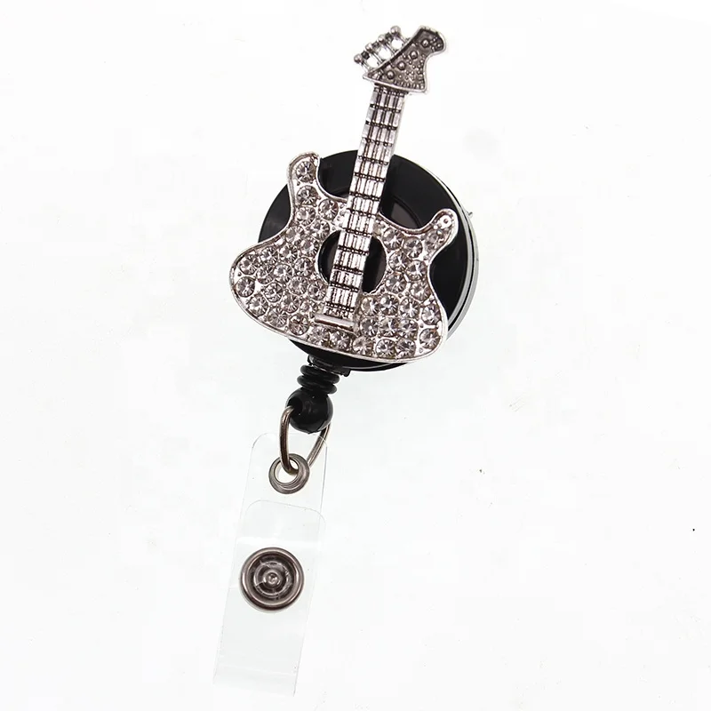 

Free Shipping Zinc Alloy Crystal Rhinestone Guitar Musical Instruments Retractable ID Badge Reel