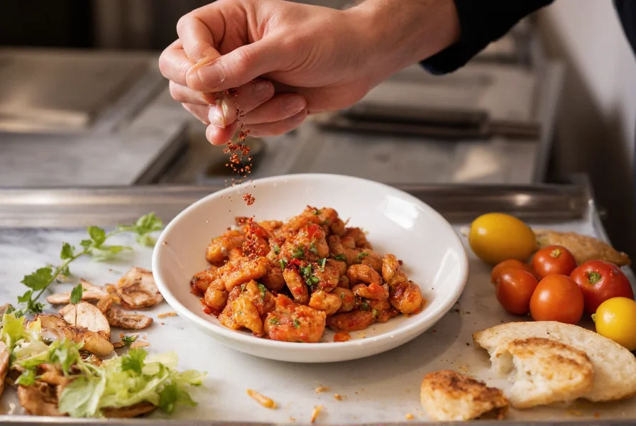Chef's hand sprinkling various red pepper alternatives onto different dishes to demonstrate application