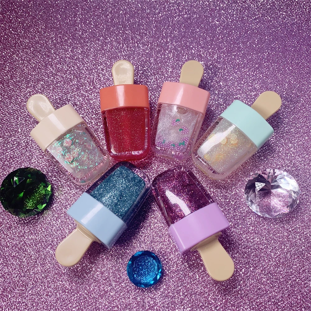 

Wholesale Natural Ingredients Vegan Customise Premade Flavored Long Lasting Nude Brown Heart Ice Cream Glitter Clear Lip Gloss