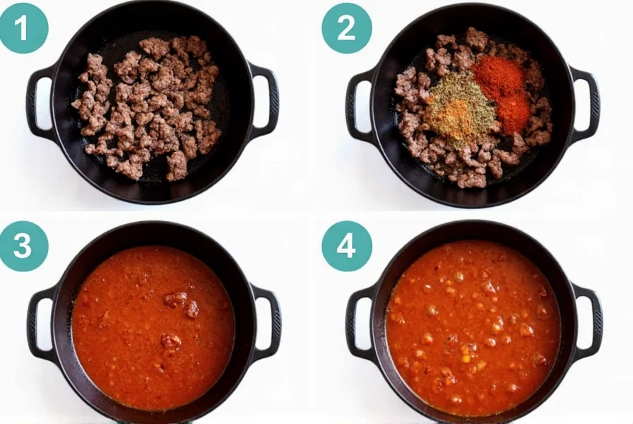 Step-by-step preparation of classic beef chili in a cast iron pot showing browning meat, adding spices, and final simmering stage