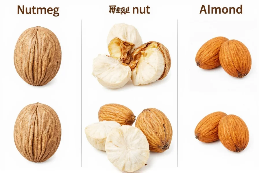 Botanical illustration showing nutmeg seed versus tree nuts like walnuts and almonds for is nutmeg nut allergy clarification