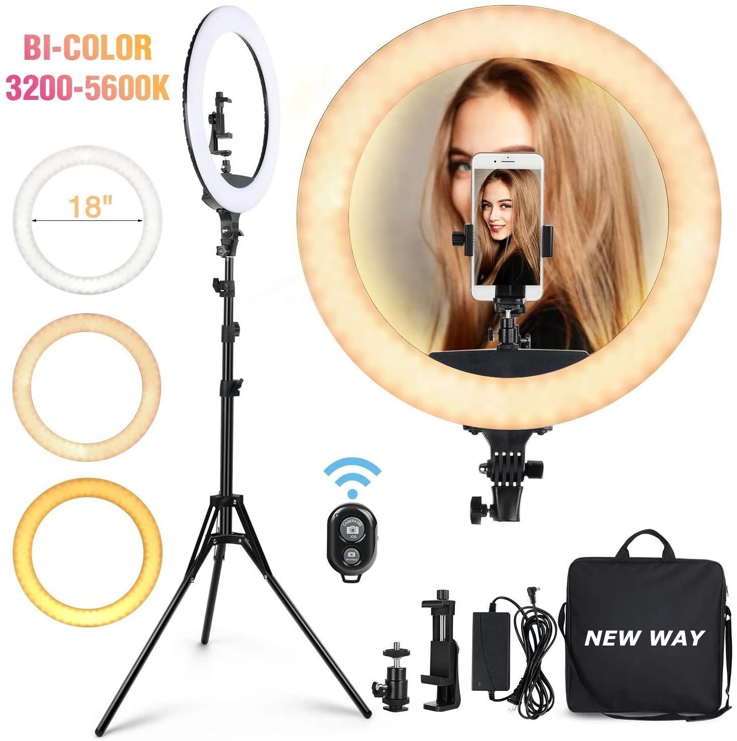 

Dimmable Photographic Light 65W Studio Makeup LED Ring Light 18 Inch LED Ringlight Kit with Tripod Stand Phone Holder, 3200-5600k