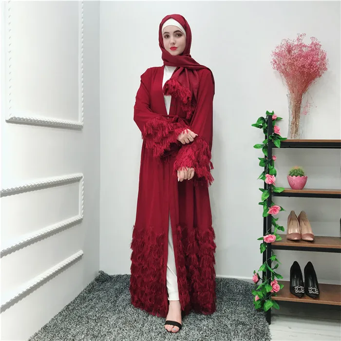 

2019 New fashion fringed feather islamic decoration kimono gown style abaya, Pink,wine red, black