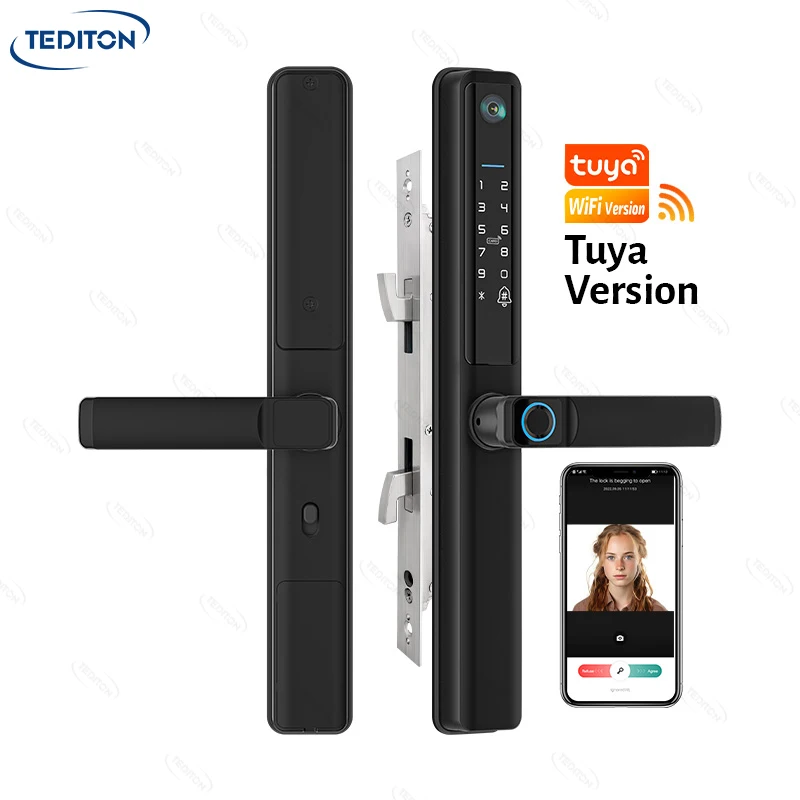 Tediton IP65 Smart Camera Fingerprint RfID Card Password Aluminum Sliding Door Lock With Doorbell Bulit-in Door Lock