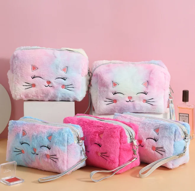 

Customized Cute Kitty Plush Soft Cosmetic Bag Pencil Pouch Japanese Style Kitty Cat Makeup Brush Case, As pics