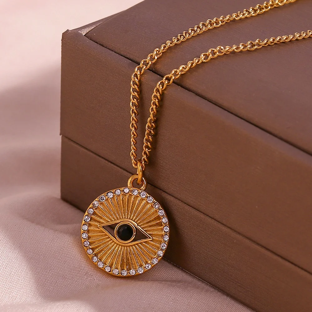 

Fashion Rhinestone Jewelry Engraved Sunburst Evil Eye Necklace Gold Plated Stainless Steel Jewelry