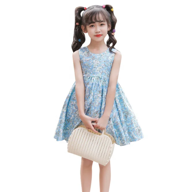 

wholesale children wear New design custom blue floral vest skirt A-shaped skirt dress girl sleeveless princess baby dress