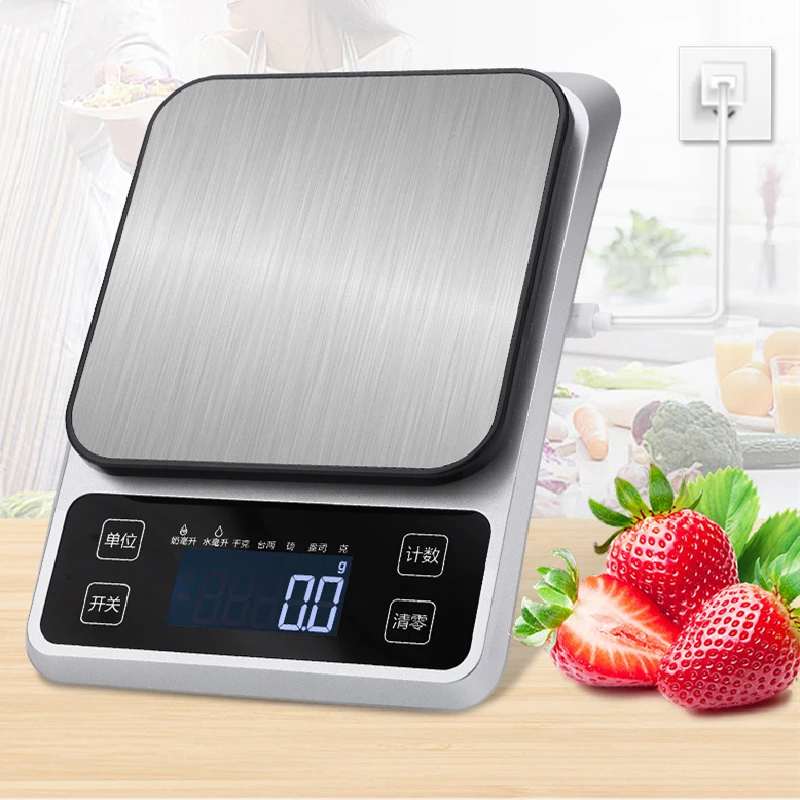 

Rechargeable household stainless steel 5kg 10kg food baking gram scale weighing 0.1g precisie bench kitchen electronic scales