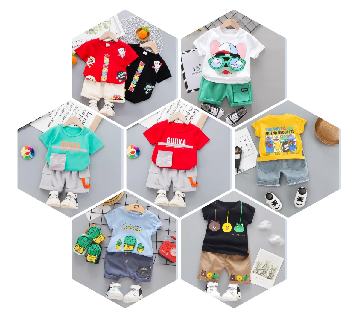 

High quality children's short sleeve suit fashion cartoon t-shirt shorts wholesale