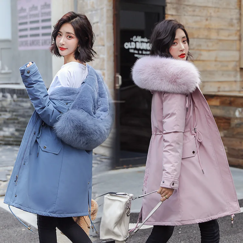 Fashion trending streetwear clothes plus size long fur collar women winter jacket