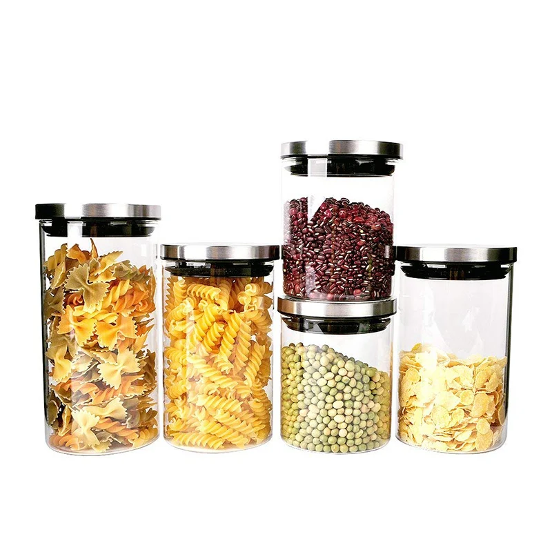 

Glass Canister And Spice Jar Set Kitchen Storage Stainless Jars Lids New, Transparent